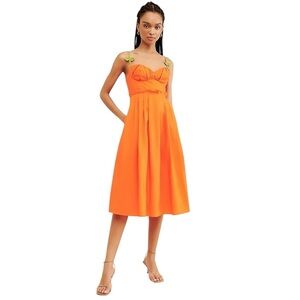 Farm Rio Orange Corset Pleated Sleeveless Midi Dress Womens M